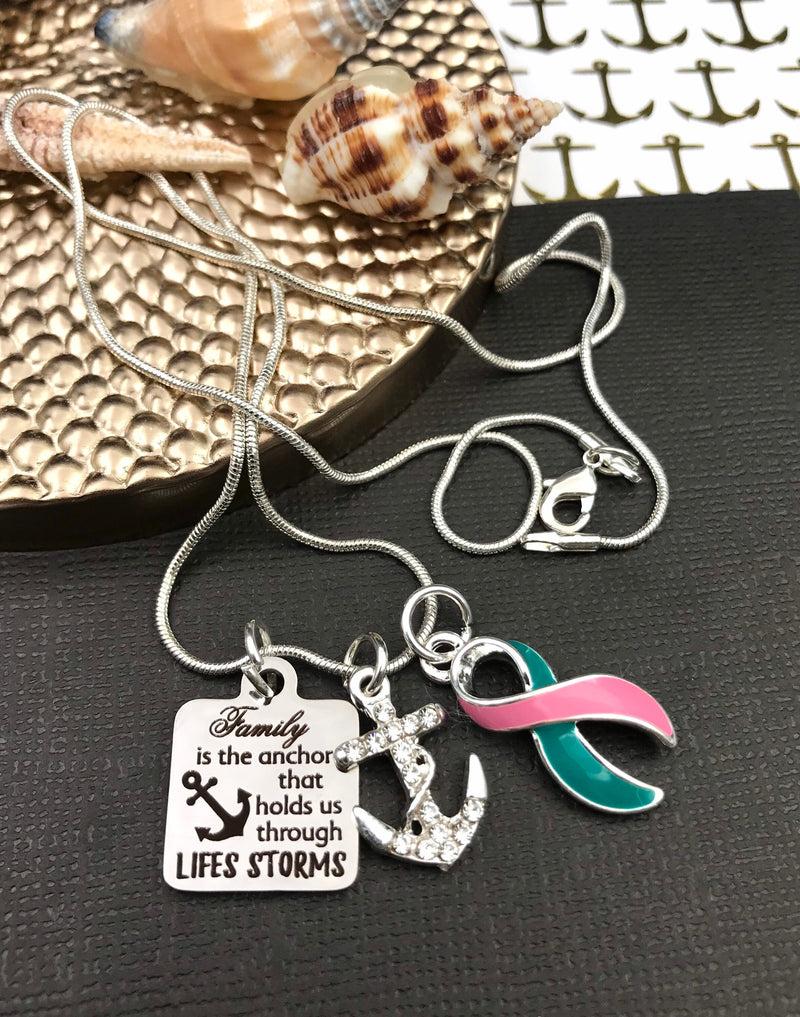 Pink & Teal (Previvor) Ribbon - Family is the Anchor That Holds Us Through Life's Storms - Rock Your Cause Jewelry
