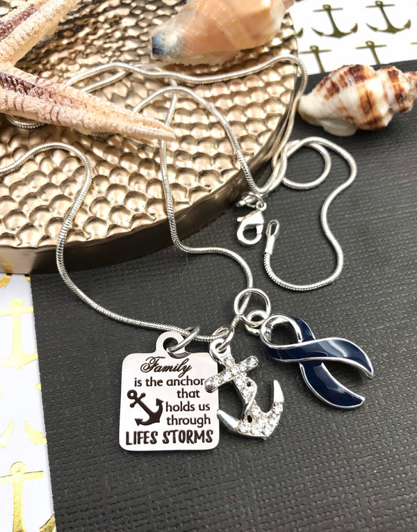 Dark Navy Blue Ribbon Necklace - Family Is The Anchor That Holds Us - Rock Your Cause Jewelry