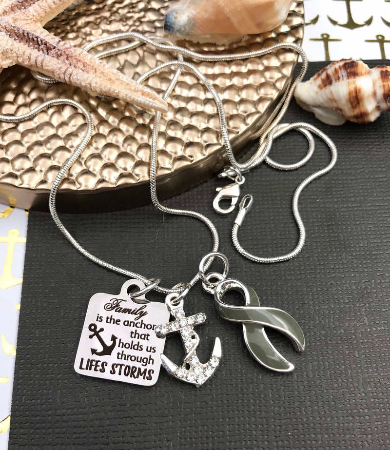 Gray (Grey) Ribbon Necklace - Family is the Anchor that Holds Us Through Life's Storms - Rock Your Cause Jewelry