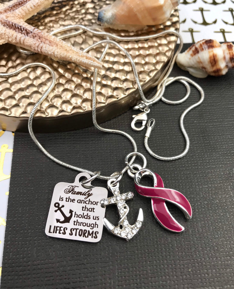 Burgundy Ribbon Necklace - Family is the AnchorThat Holds Us through Life's Storms - Rock Your Cause Jewelry
