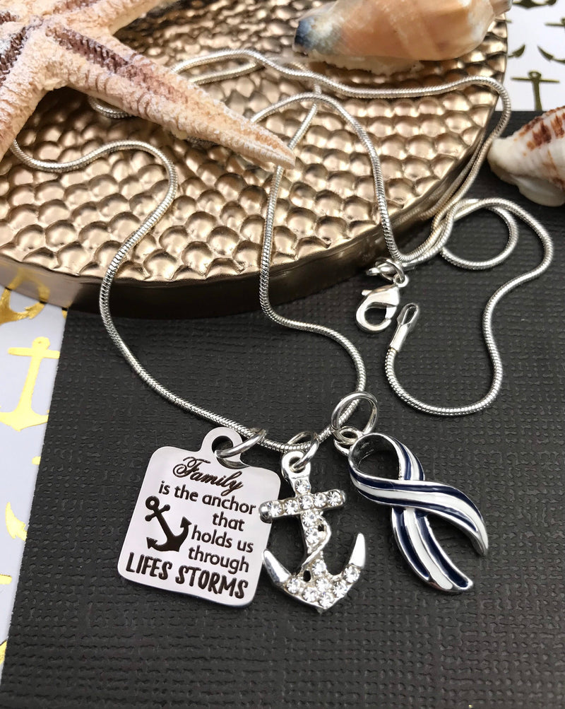 ALS / Blue & White Striped Ribbon Charm Bracelet - Family is the Anchor That Holds Us Through Life's Storms - Rock Your Cause Jewelry
