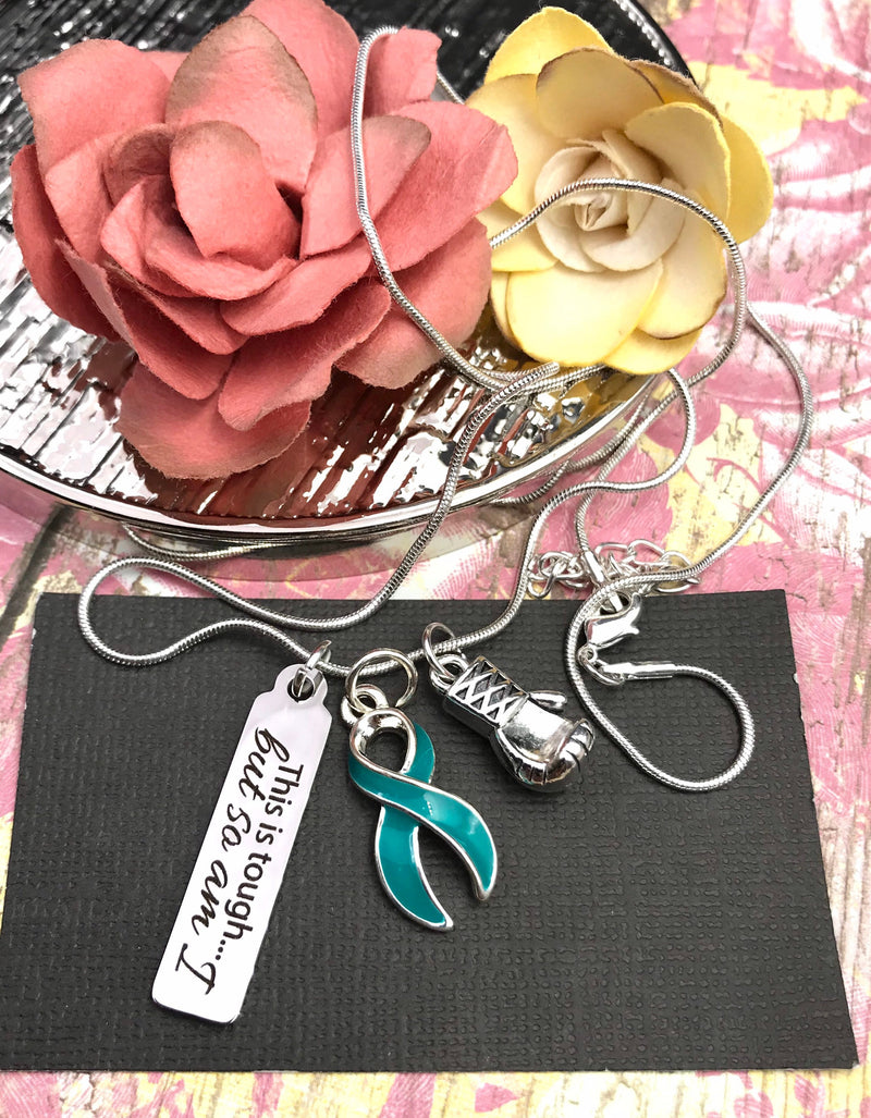 Teal Ribbon Necklace - This is Tough, But So Am I / Boxing Glove Charm - Rock Your Cause Jewelry