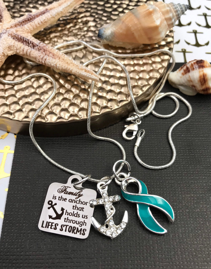 Teal Ribbon Necklace - Family is the Anchor that Holds Us Through Life's Storms - Rock Your Cause Jewelry