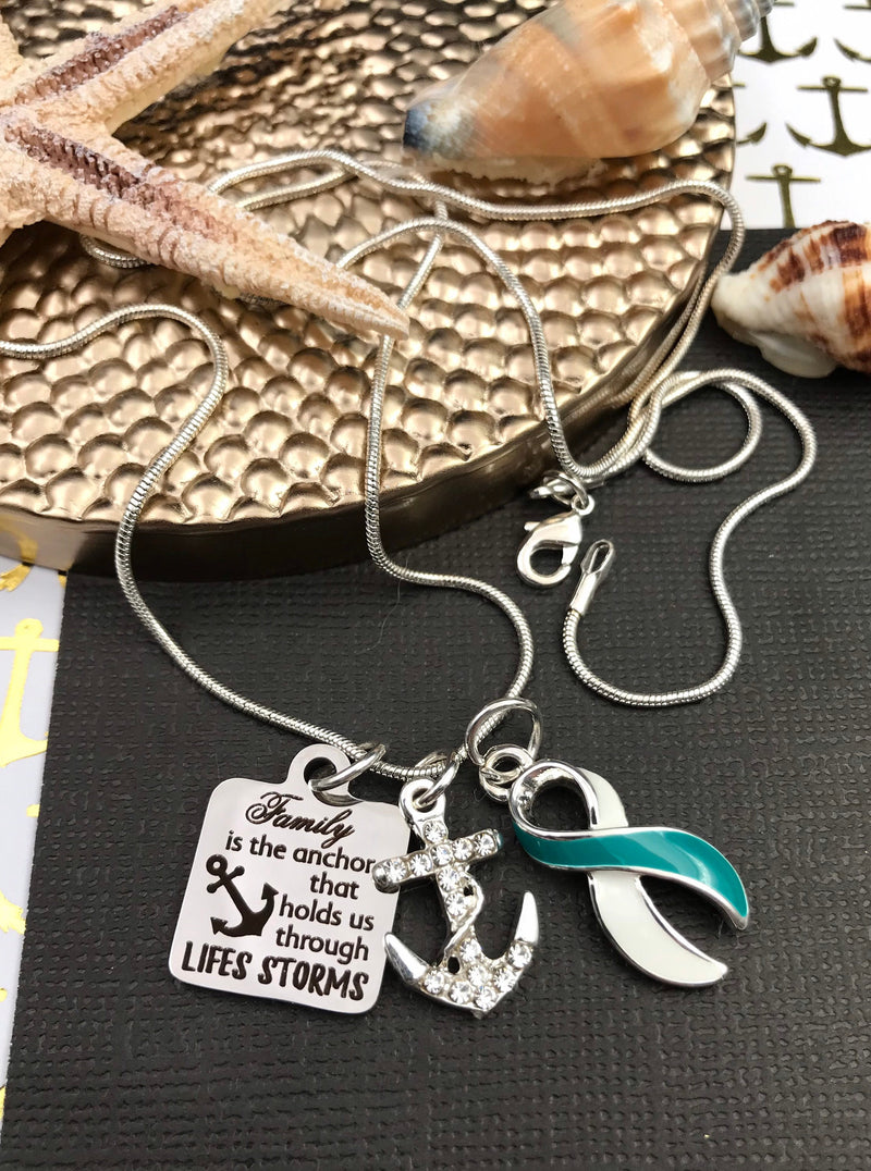 Teal & White Ribbon Necklace - Family is the Anchor That Holds Us Through Life's Storms - Rock Your Cause Jewelry
