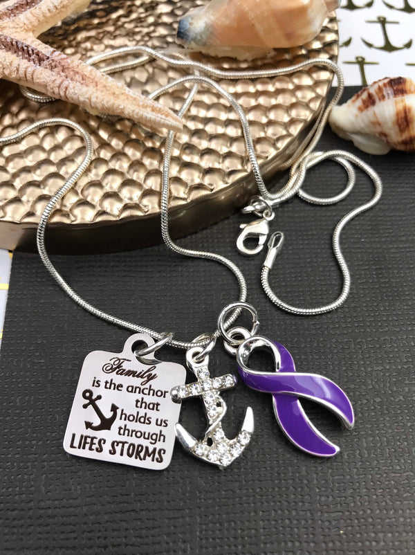 Purple Ribbon Necklace - Family is the AnchorThat Holds Us Through Life's Storms - Rock Your Cause Jewelry