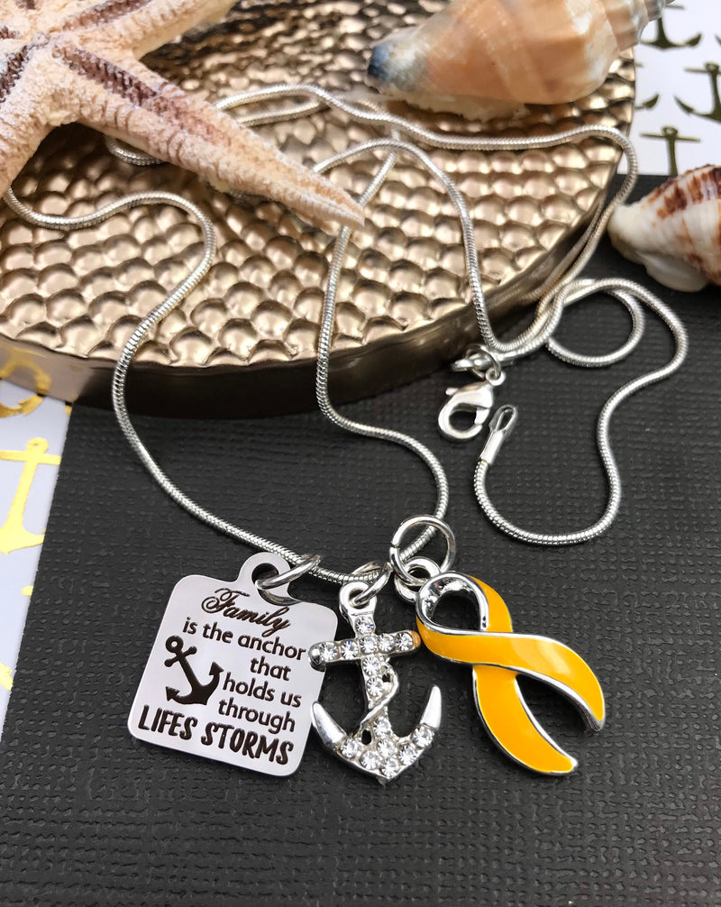 Gold Ribbon Necklace - Family is the Anchor That Holds Us Through Life's Storms - Rock Your Cause Jewelry