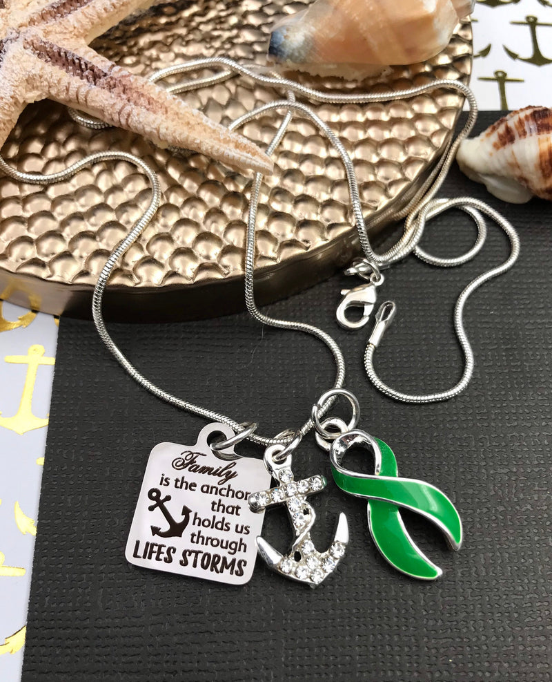 Green Ribbon Necklace - Family is the Anchor That Holds Through Life's Storms - Rock Your Cause Jewelry