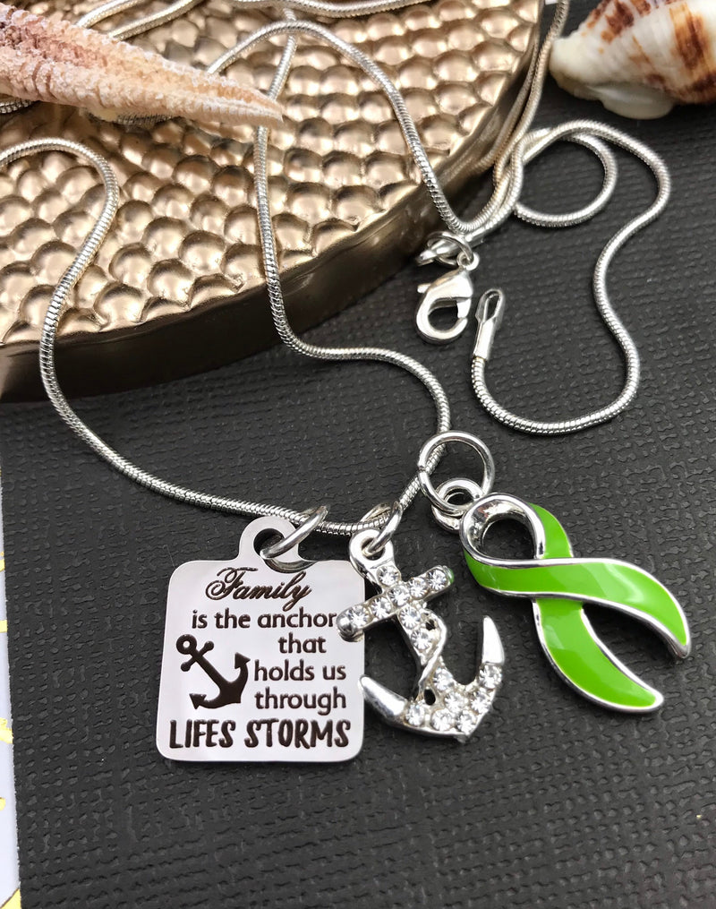 Lime Green Ribbon Necklace - Family Is The Anchor That Holds Us Through Life's Storms - Rock Your Cause Jewelry