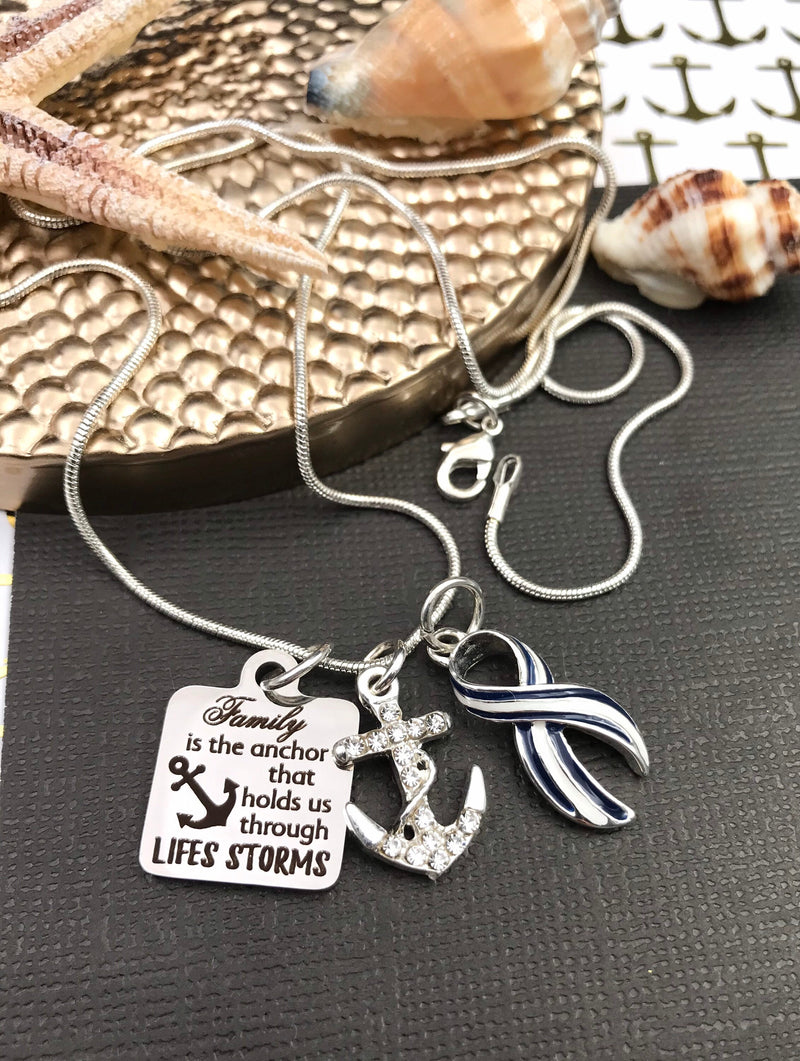 ALS / Blue & White Striped Ribbon Charm Bracelet - Family is the Anchor That Holds Us Through Life's Storms - Rock Your Cause Jewelry