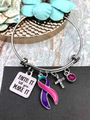 Pink Purple Teal (Thyroid Cancer) Ribbon - Faith It Till You Make It Charm Bracelet - Rock Your Cause Jewelry