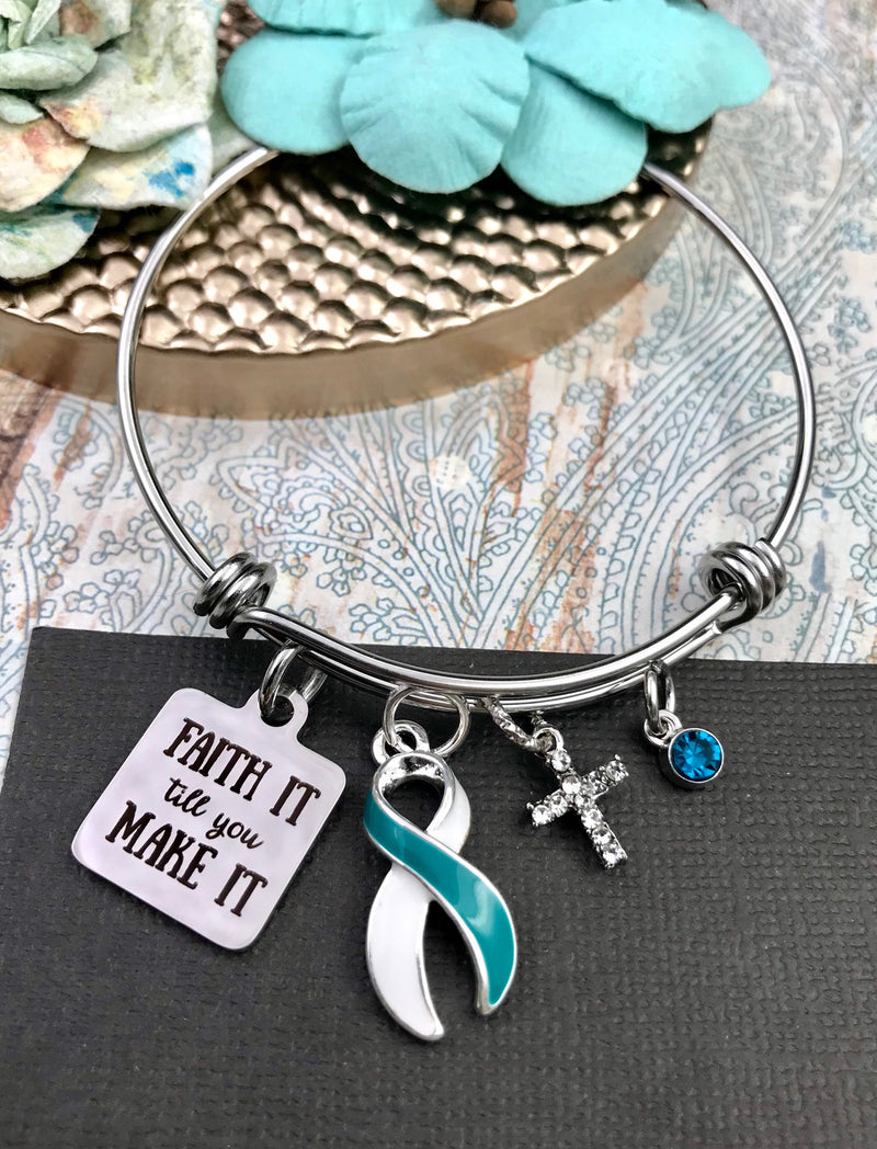 Teal & White Ribbon Charm Bracelet - Faith It Till You Make It - Rock Your Cause Jewelry