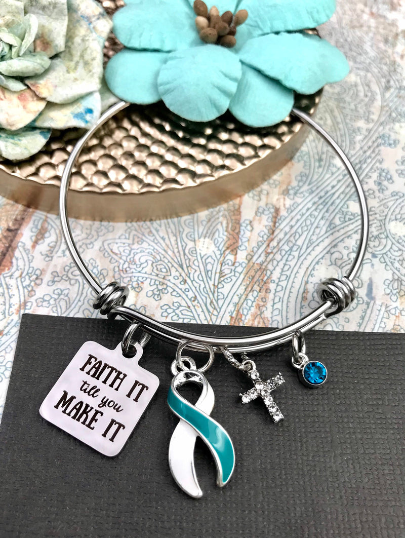 Teal & White Ribbon Charm Bracelet - Faith It Till You Make It - Rock Your Cause Jewelry