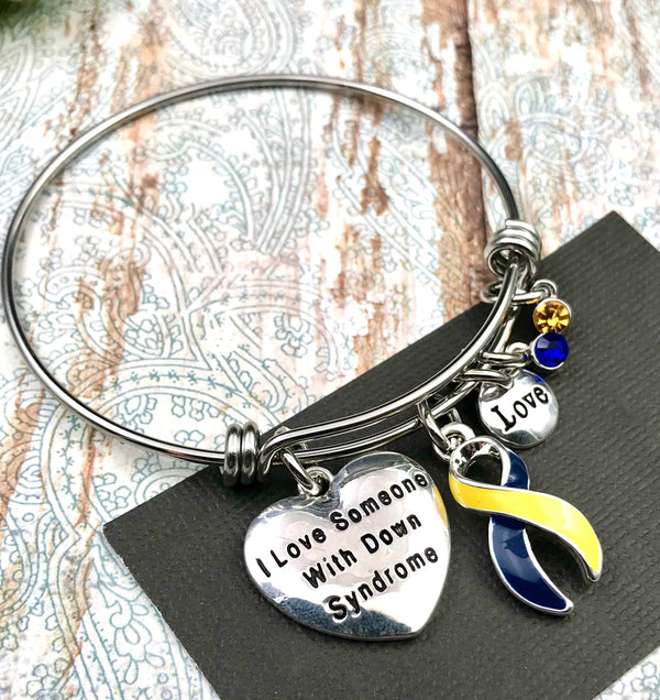 Blue & Yellow Ribbon Bracelet - I Love Someone with Down Sydrome - Rock Your Cause Jewelry