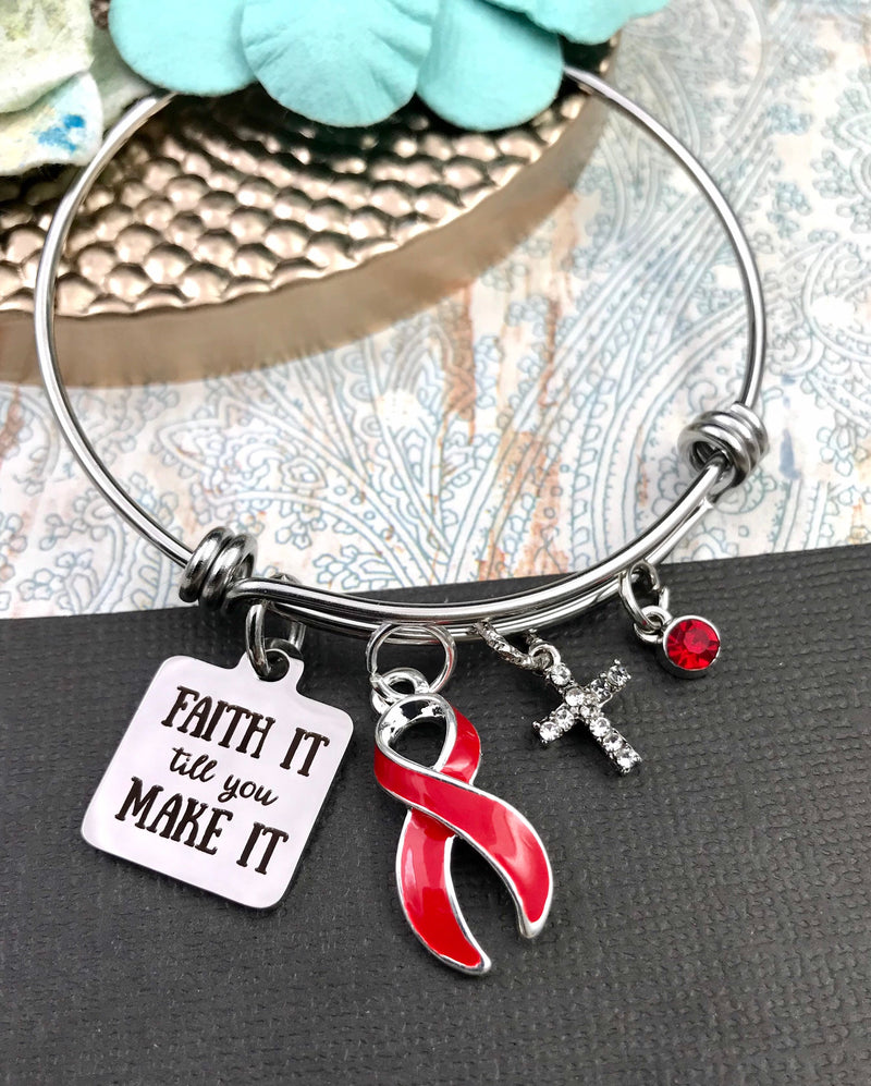 Red Ribbon Charm Bracelet - Faith It Till You Make It - Rock Your Cause Jewelry