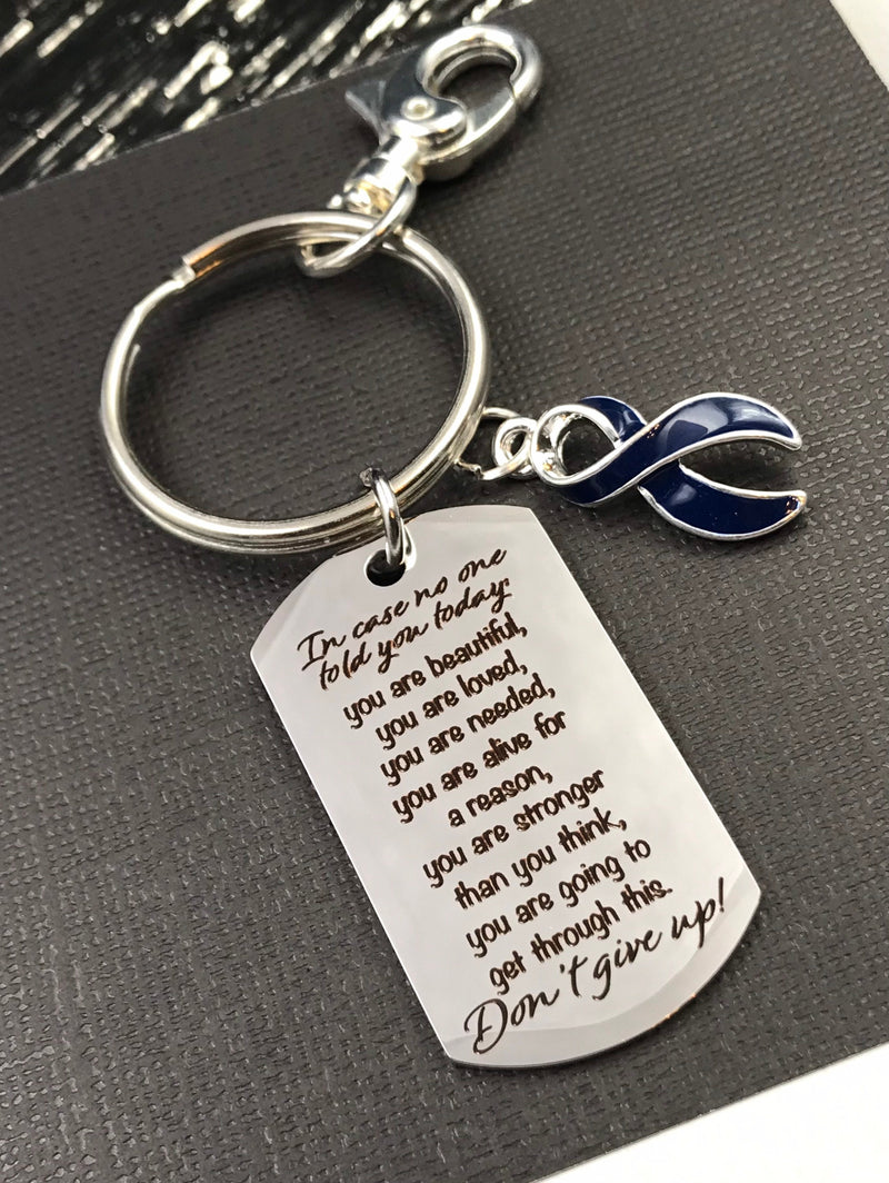Dark Navy Blue Ribbon Encouragement Quote Keychain – Don't Give Up - Rock Your Cause Jewelry