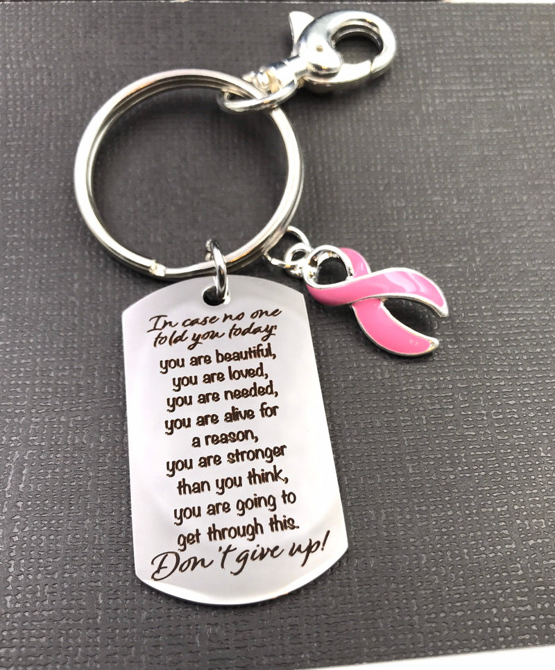 Pink Ribbon Encouragement Quote Keychain – Don't Give Up - Rock Your Cause Jewelry