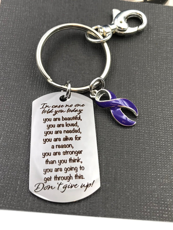 Violet Dark Purple Ribbon Keychain - Never Give Up Encouragement Quote - Rock Your Cause Jewelry