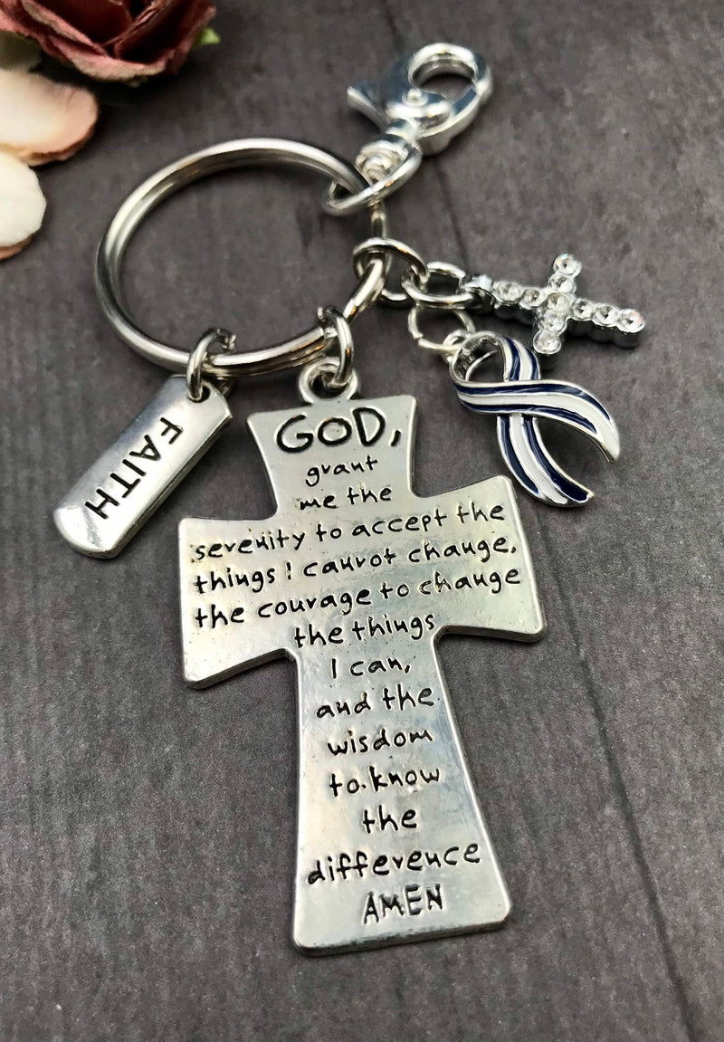 ALS / Blue & White Striped Ribbon Awareness Keychain - Serenity Prayer / God Grant Me - Rock Your Cause Jewelry