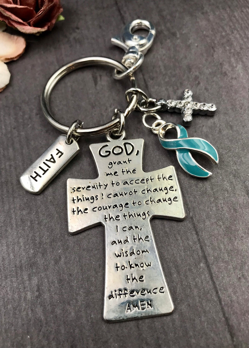 Light Blue Ribbon Serenity Prayer Keychain - God Grant Me / Encouragement Gift - Rock Your Cause Jewelry