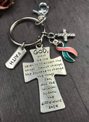 Pink & Teal (Previvor) Ribbon Key Chain - Serenity Prayer / Cross Keychain - Rock Your Cause Jewelry