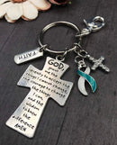 Teal & White Ribbon Keychain - Serenity Prayer / God Grant Me Encouragement Gift - Rock Your Cause Jewelry