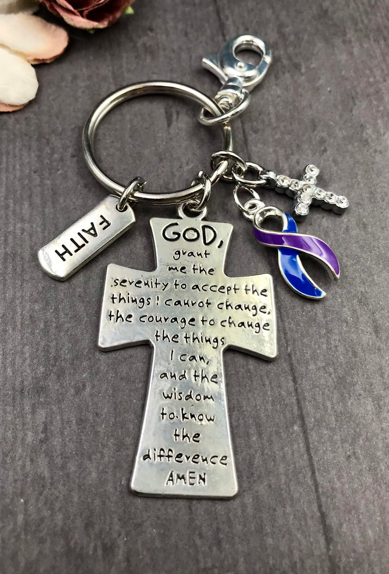 Blue & Purple Ribbon - Serenity Prayer Keychain / God Grant Me - Rock Your Cause Jewelry