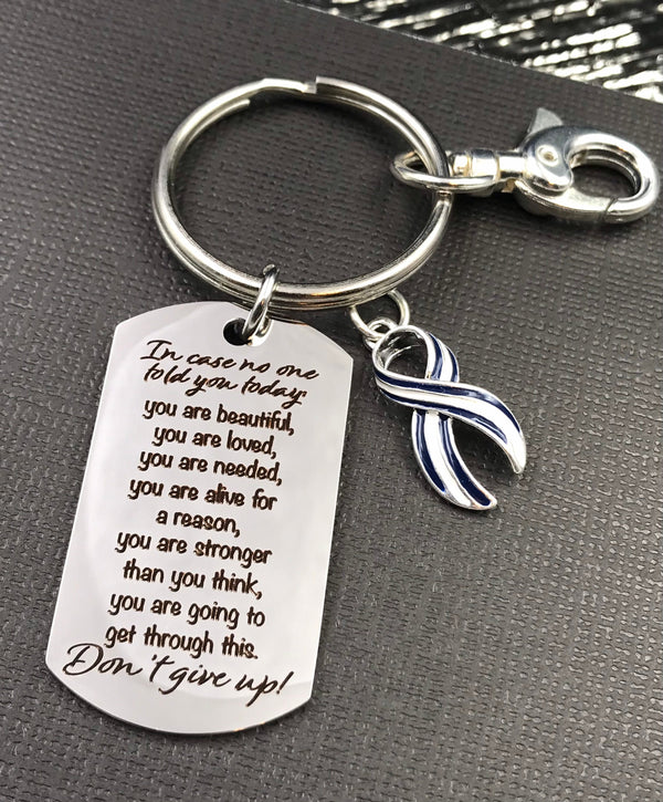ALS / Blue & White Striped Ribbon Keychain, Encouragement Poem - Don't Give Up - Rock Your Cause Jewelry