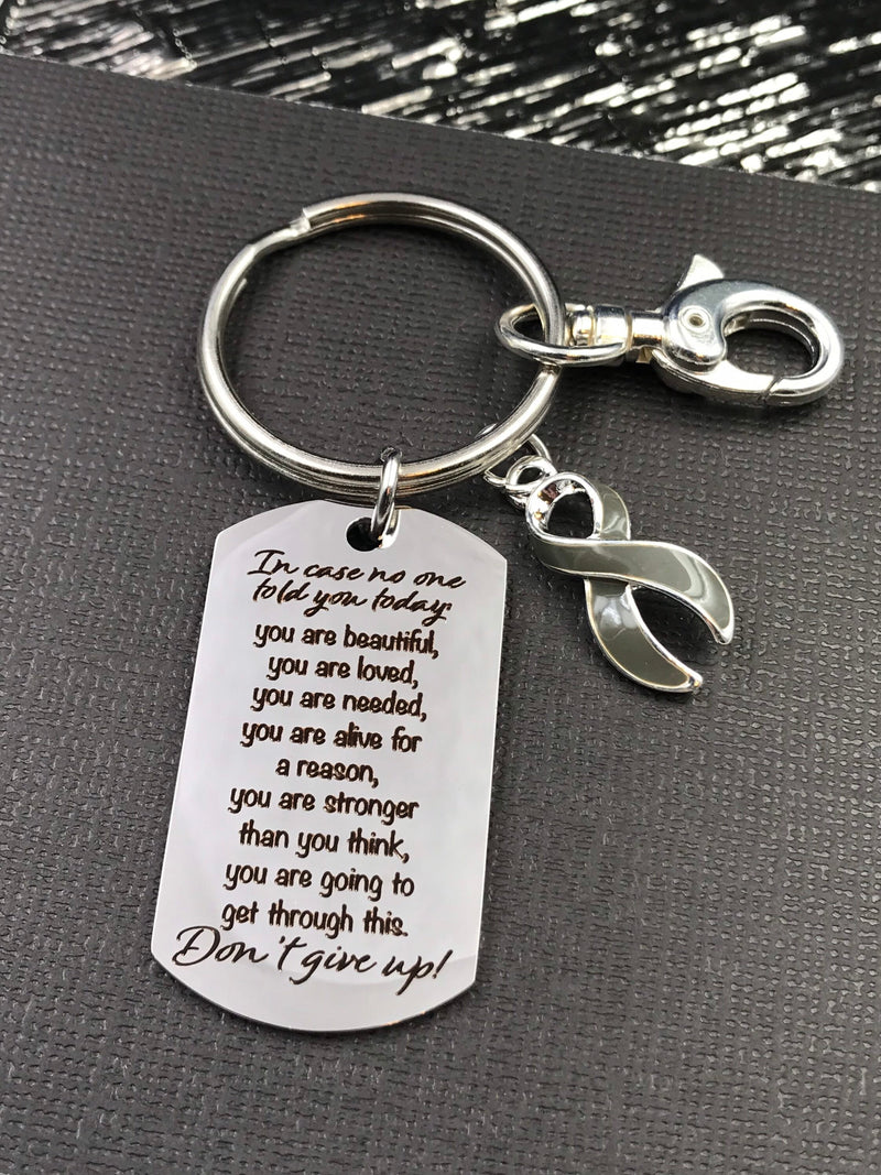 Gray (Grey) Ribbon Keychain - Don't Give Up Encouragement Gift - Rock Your Cause Jewelry