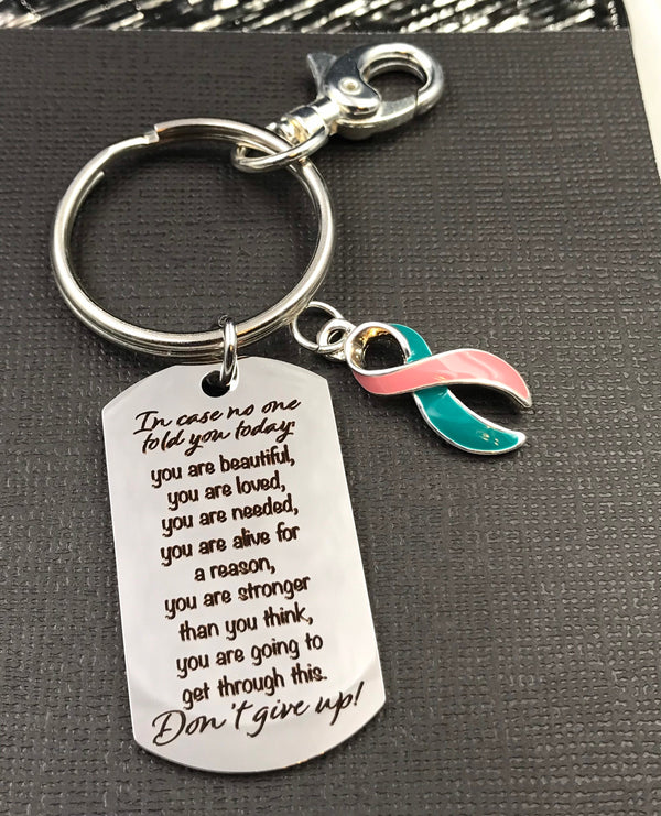 Pink & Teal (Previvor) Ribbon Key Chain - Never Give Up Encouragement Quote Keychain - Rock Your Cause Jewelry