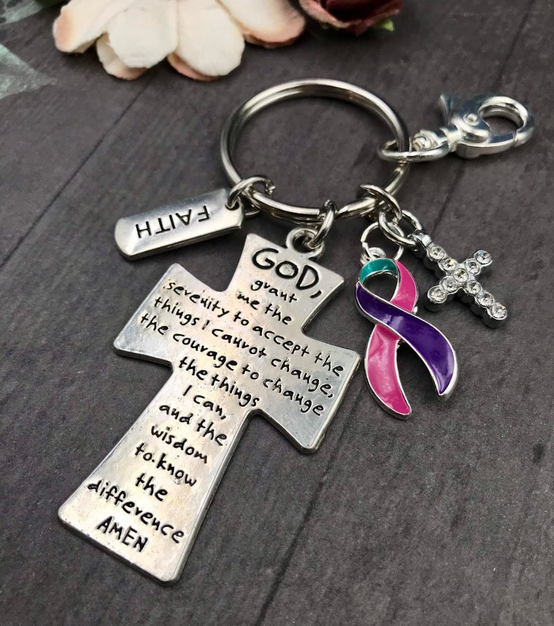 Pink Purple Teal Ribbon - Thyroid Cancer Surivor - Serenity Prayer Cross Keychain - Rock Your Cause Jewelry
