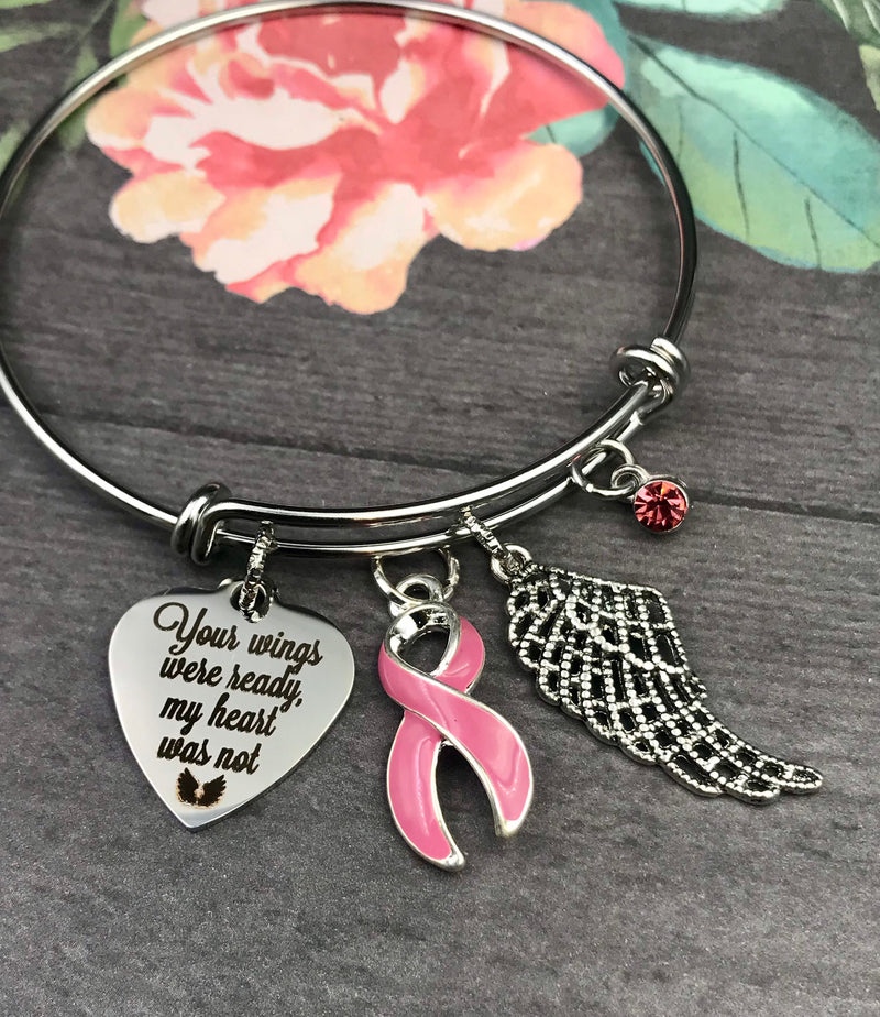 Pink Ribbon Sympathy / Memorial Bracelet - You Wings were Ready, My Heart Was Not - Rock Your Cause Jewelry