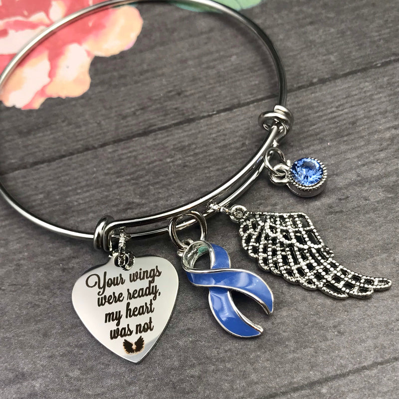 Periwinkle Ribbon Memorial Charm Bracelet - Your Wings Were Ready, My Heart was Not - Rock Your Cause Jewelry
