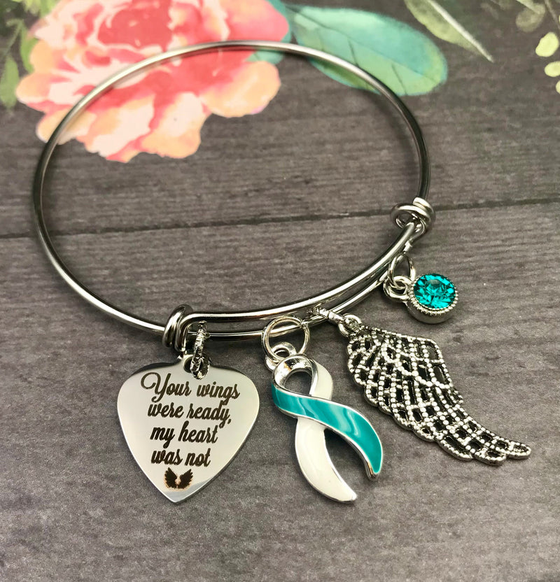 Teal and White Ribbon Sympathy / Memorial Charm Bracelet - Your Wings Were Ready, My Heart Was Not - Rock Your Cause Jewelry