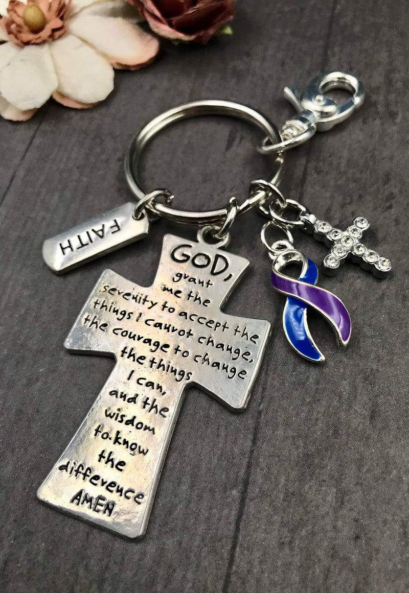 Blue & Purple Ribbon - Serenity Prayer Keychain / God Grant Me - Rock Your Cause Jewelry