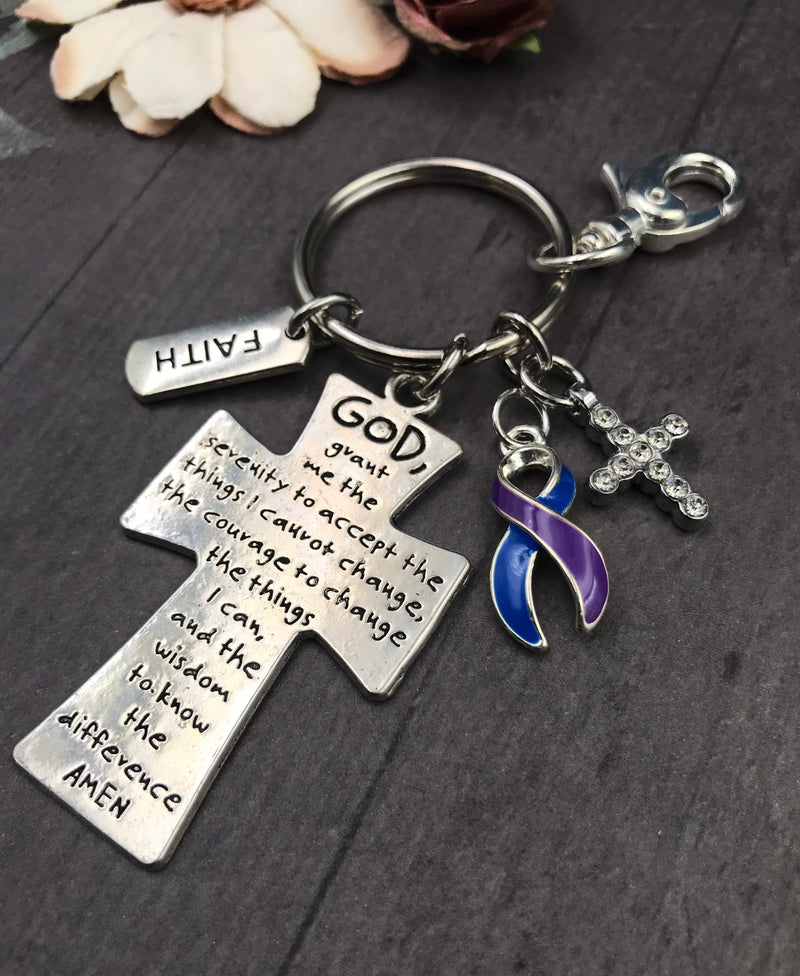 Blue & Purple Ribbon - Serenity Prayer Keychain / God Grant Me - Rock Your Cause Jewelry