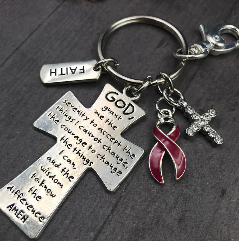 Burgundy Ribbon Serenity Prayer Cross Keychain - God Grant Me - Rock Your Cause Jewelry