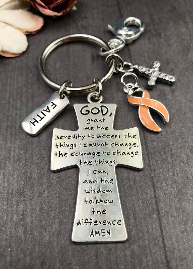 Peach Ribbon Serenity Prayer Cross Keychain / God Grant Me - Rock Your Cause Jewelry