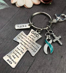 Teal & White Ribbon Keychain - Serenity Prayer / God Grant Me Encouragement Gift - Rock Your Cause Jewelry