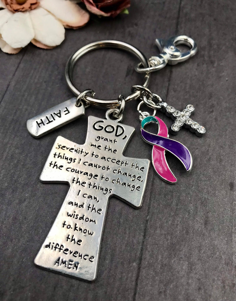 Pink Purple Teal Ribbon - Thyroid Cancer Surivor - Serenity Prayer Cross Keychain - Rock Your Cause Jewelry