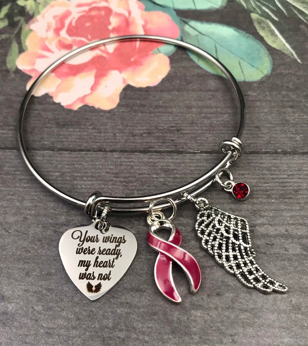 Burgundy Ribbon Sympathy / Memorial Charm - Your Wings Were Ready, My Heart Was Not - Rock Your Cause Jewelry
