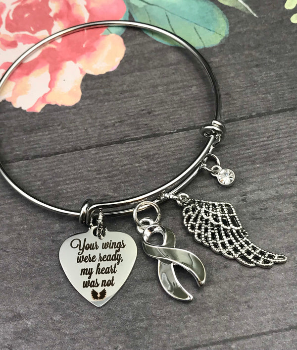 Gray (Grey) Ribbon Bracelet - Your Wings Were Ready, My Heart Was Not - Memorial Remembrance Gift - Rock Your Cause Jewelry