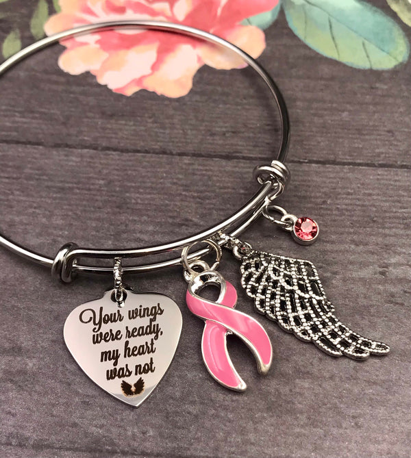 Pink Ribbon Sympathy / Memorial Bracelet - You Wings were Ready, My Heart Was Not - Rock Your Cause Jewelry