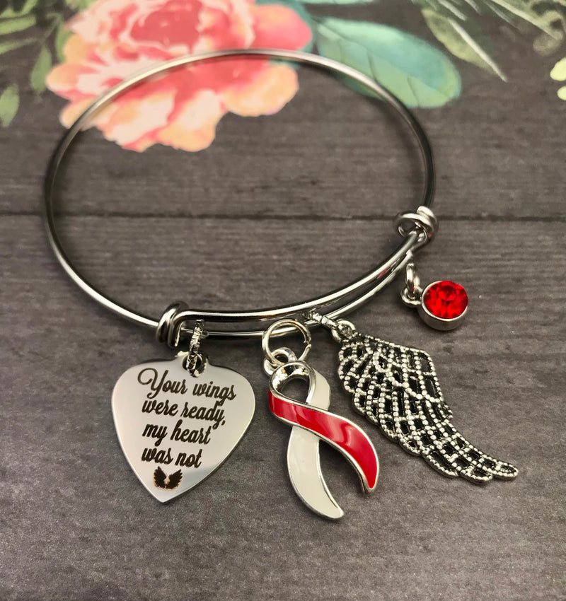 Red & White Ribbon Charm Bracelet - Your Wings Were Ready, My Heart Was Not / Memorial, Sympathy Gift - Rock Your Cause Jewelry
