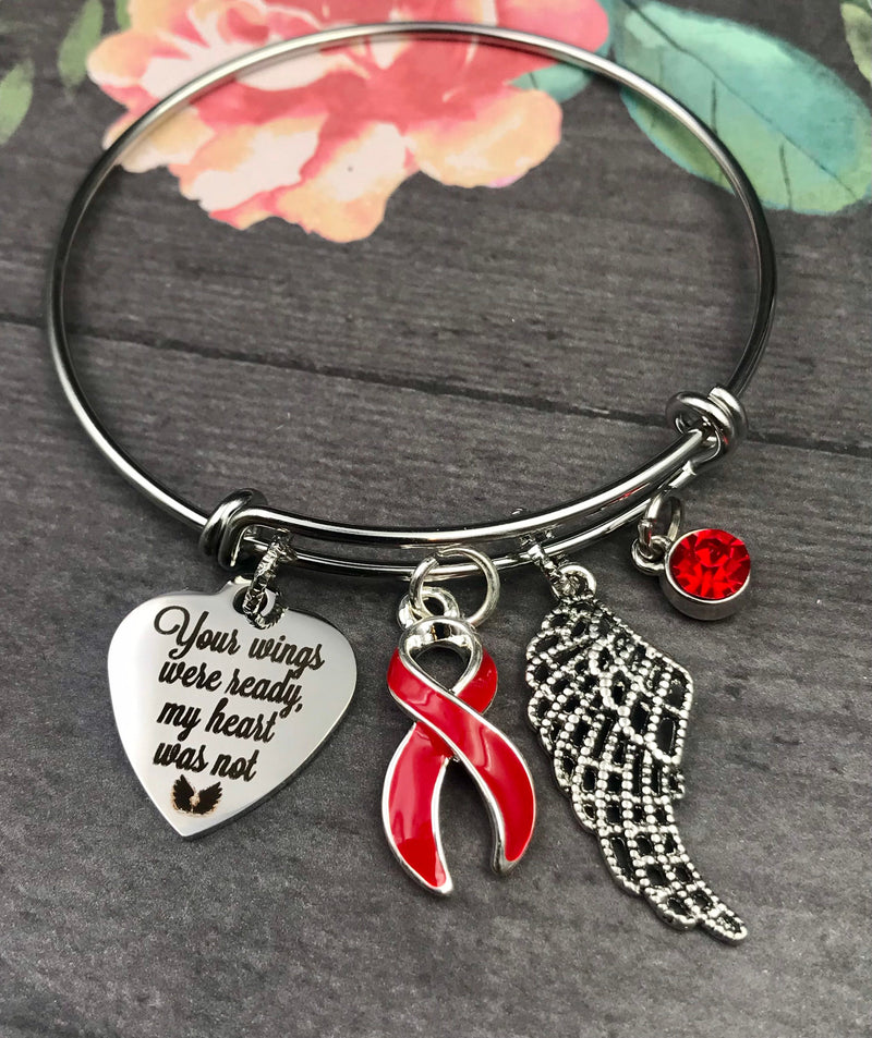 Red Ribbon Sympathy / Memorial Bracelet - Your Wings Were Ready, My Heart Was Not - Rock Your Cause Jewelry