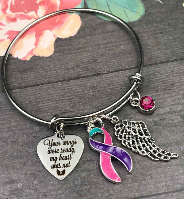 Pink Purple Teal (Thyroid) Ribbon - Your Wings Were Ready, My Heart Was Not / Memorial, Sympathy Gift - Rock Your Cause Jewelry