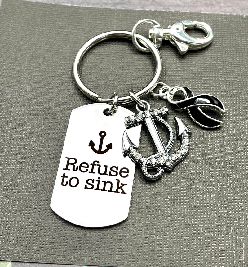Black Ribbon Encouragement Quote Keychain - Refuse to Sink - Rock Your Cause Jewelry
