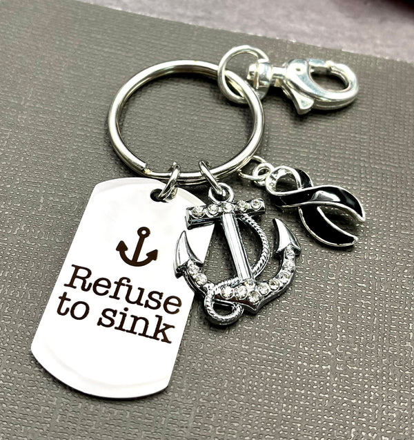 Black Ribbon Encouragement Quote Keychain - Refuse to Sink - Rock Your Cause Jewelry