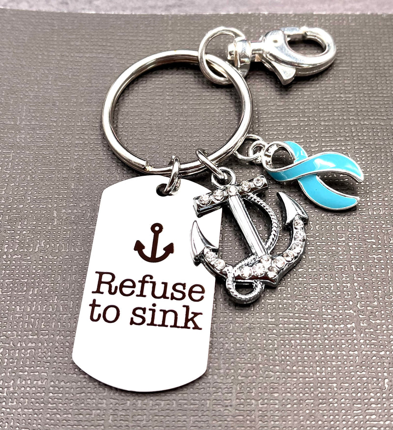 Light Blue Ribbon Encouragement Keychain - Refuse To Sink - Rock Your Cause Jewelry