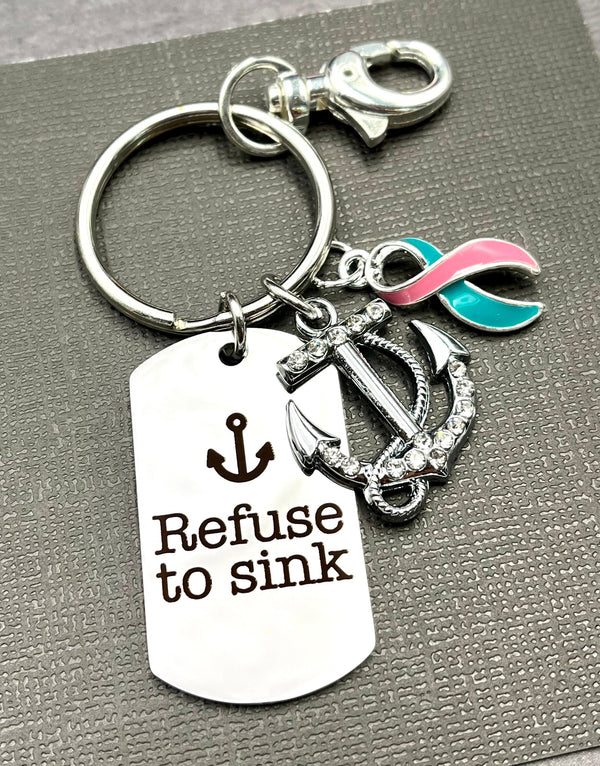 Pink & Teal (Previvor) Ribbon Keychain - Refuse To Sink Key Chain - Rock Your Cause Jewelry