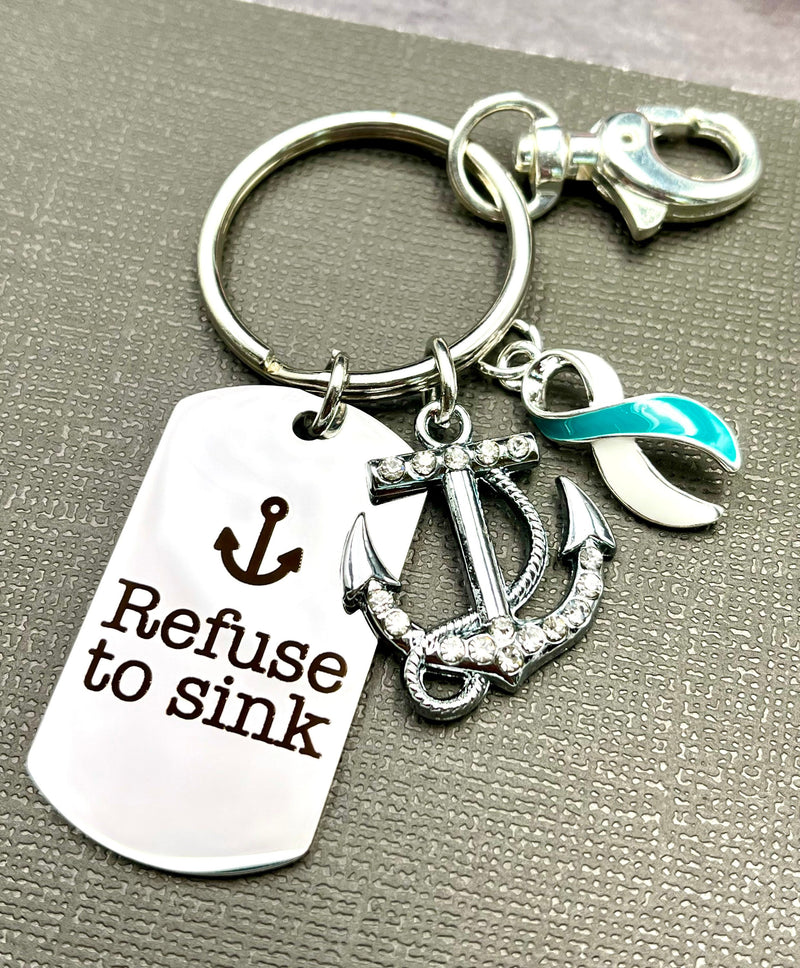 Teal & White Ribbon Encouragement Keychain - Cervical Cancer Survivor - Refuse to Sink - Rock Your Cause Jewelry